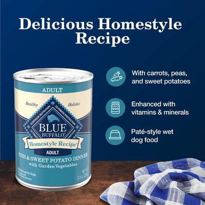 Show full view: Blue Buffalo Homestyle Recipe Fish & Sweet Potato Dinner with Garden Vegetables Canned Dog Food, 12.5-oz, case of 12 slide 6 of 12