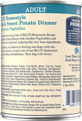 Show full view: Blue Buffalo Homestyle Recipe Fish & Sweet Potato Dinner with Garden Vegetables Canned Dog Food, 12.5-oz, case of 12 slide 4 of 12