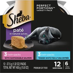 Sheba Perfect Portions Salmon & Tuna Twin Variety Pack Grain-Free Pate Wet Cat Food, 2.6-oz tray, 6 count