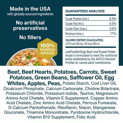 Show full view: JustFoodForDogs Pantry Fresh Beef & Russet Potato Fresh Dog Food, 12.5-oz pouch, case of 1 slide 9 of 12