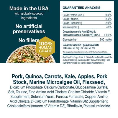Show full view: JustFoodForDogs Joint & Skin Support Recipe Frozen Human-Grade Fresh Dog Food, 18-oz pouch, case of 21 slide 8 of 12