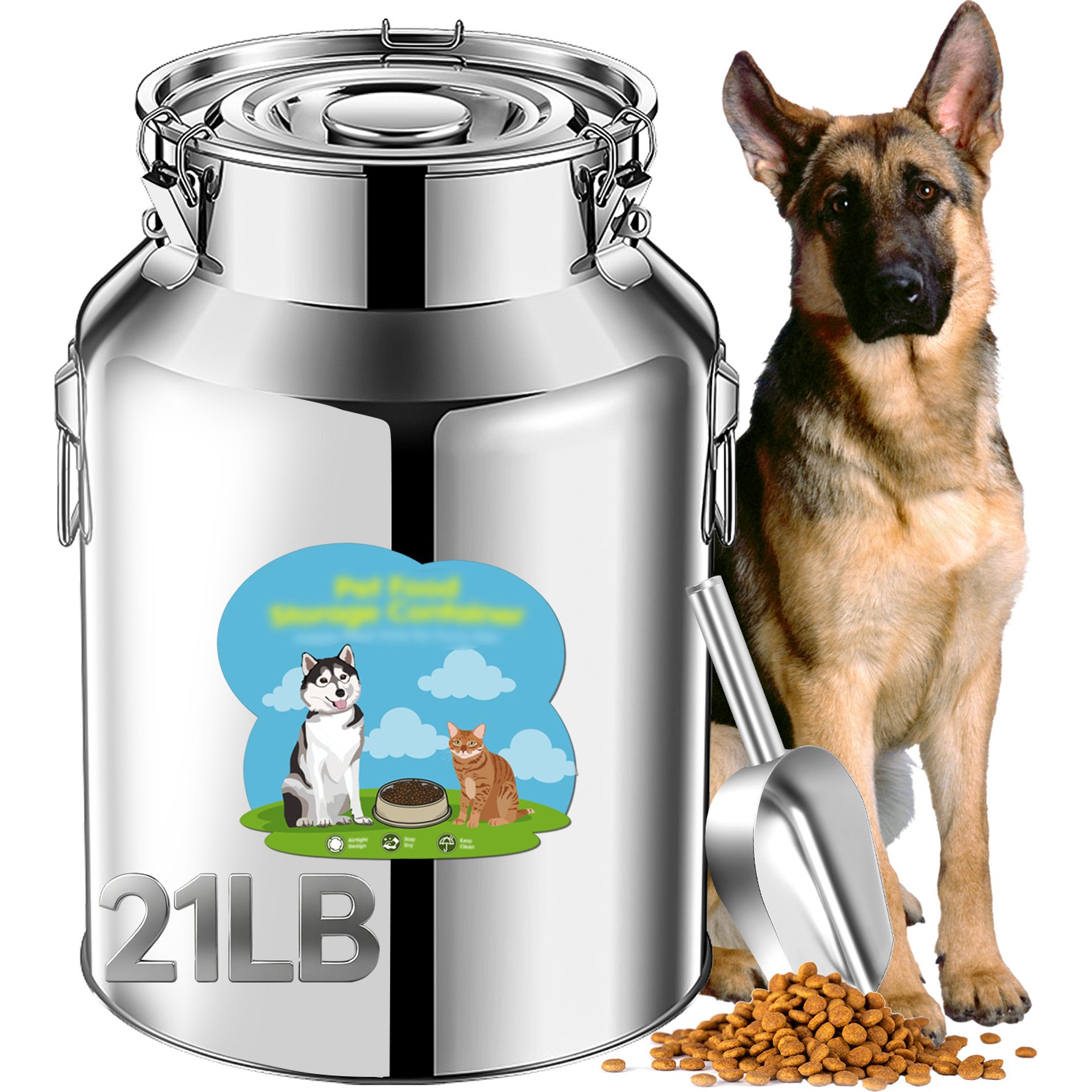Newget Metal Stainless Steel Dog Food Storage Container with Airtight Hangable Lid, Large: 21-lb