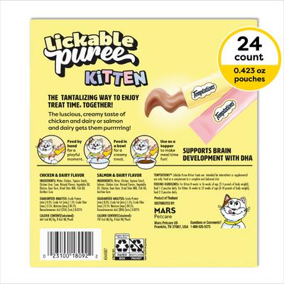 Show full view: Temptations Lickable Puree Chicken & Salmon Variety Pack Kitten Lickable Cat Treats, 0.42-oz tube, pack of 24 slide 3 of 9