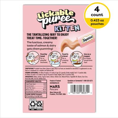 Show full view: Temptations Lickable Puree Salmon & Dairy Flavor Kitten Lickable Cat Treats, 4 count slide 3 of 9