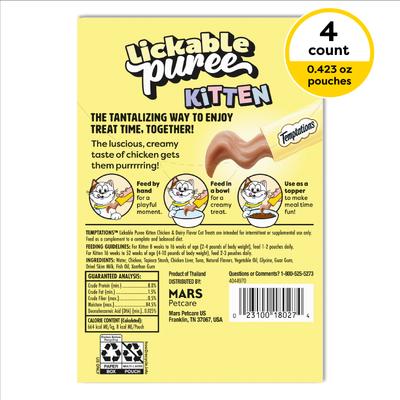 Show full view: Temptations Lickable Puree Chicken & Dairy Flavor Kitten Lickable Cat Treats, 0.42-oz tube, pack of 4 slide 3 of 9
