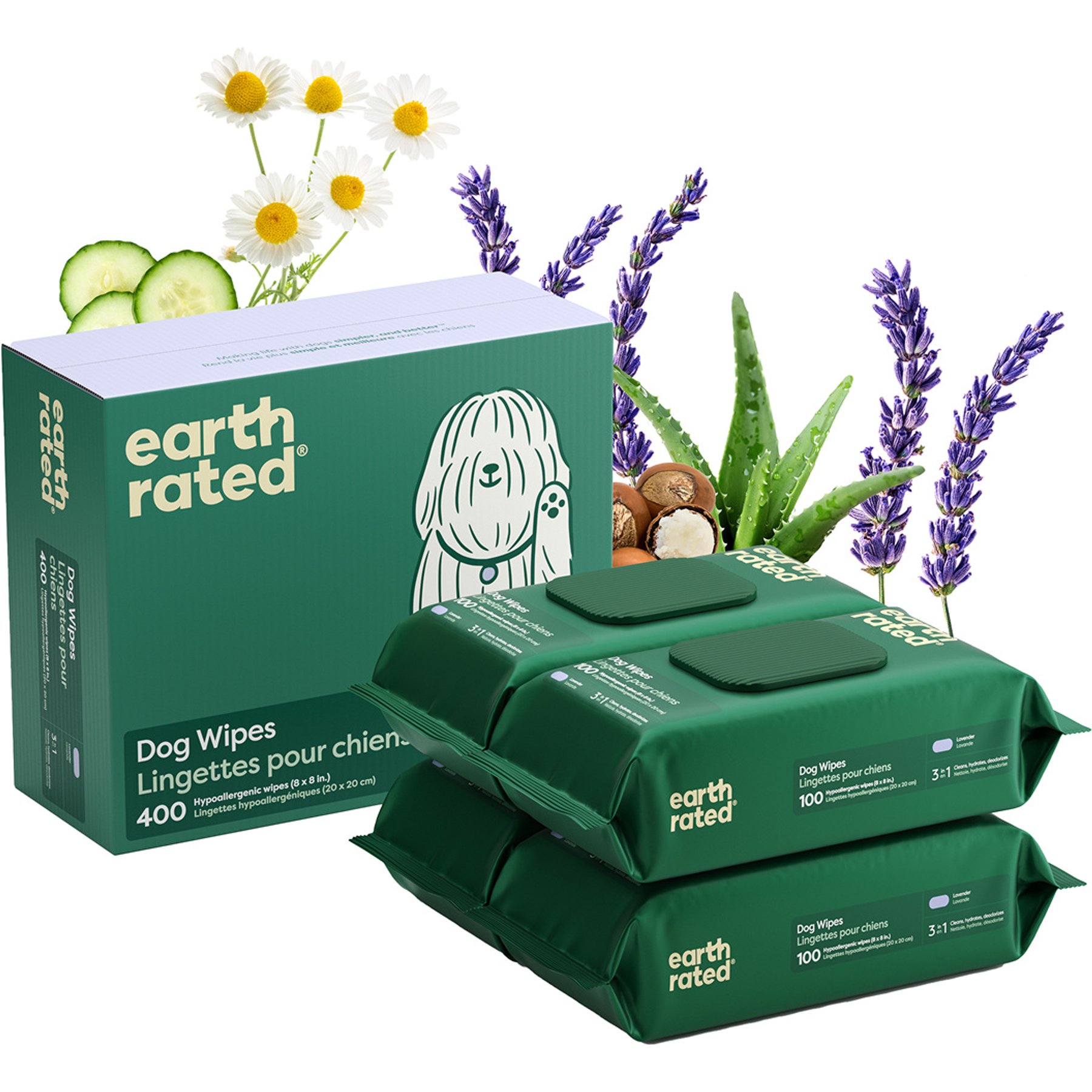 Earth Rated Thick Hypoallergenic 3-in-1 Dog Grooming Wipes, Lavender Scented, 400 count