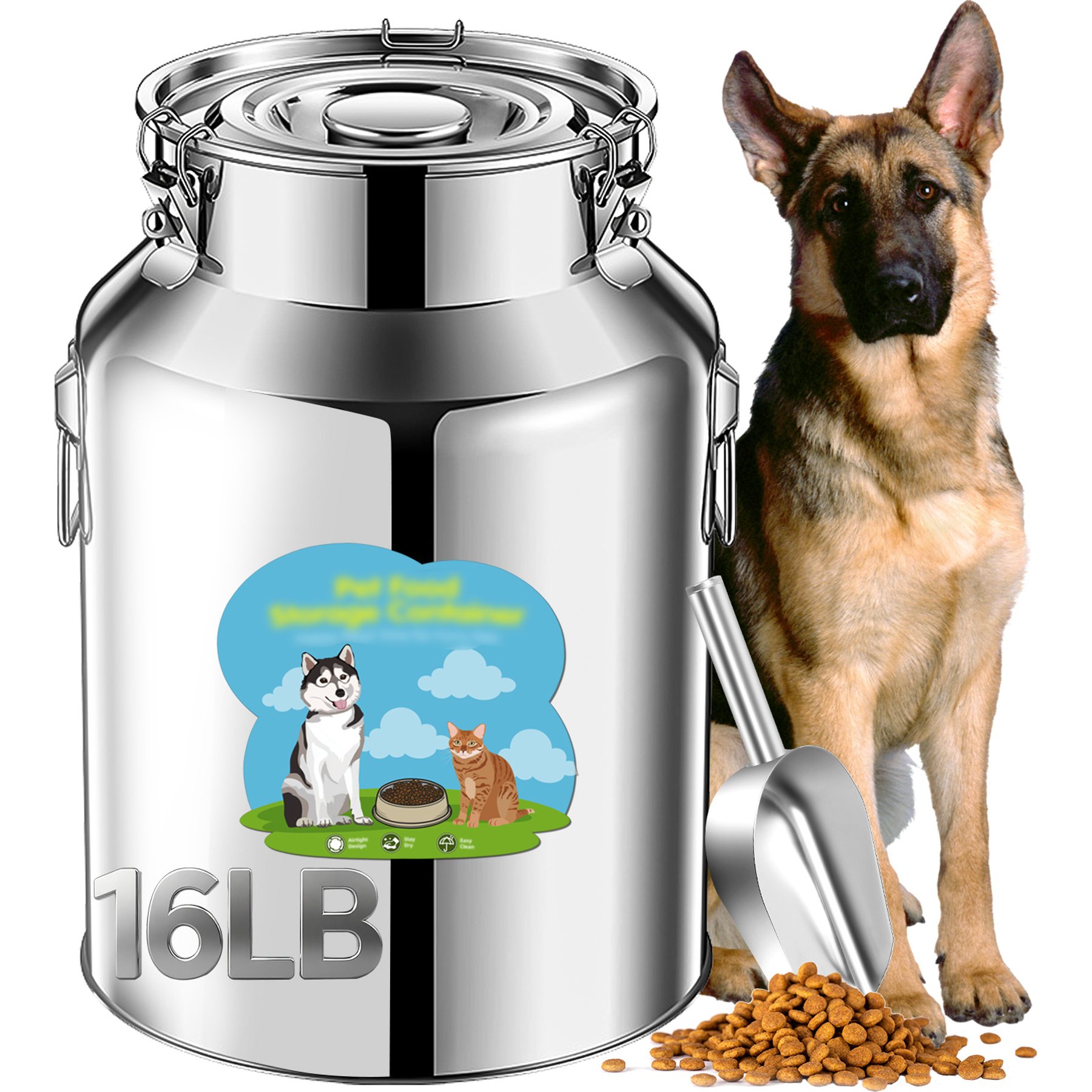 Newget Metal Stainless Steel Dog Food Storage Container with Airtight Hangable Lid, Medium: 16-lb
