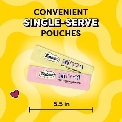 Show full view: Temptations Lickable Puree Chicken & Salmon Variety Pack Kitten Lickable Cat Treats, 0.42-oz tube, pack of 48 slide 8 of 9