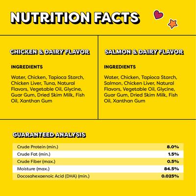 Show full view: Temptations Lickable Puree Chicken & Salmon Variety Pack Kitten Lickable Cat Treats, 0.42-oz tube, pack of 48 slide 7 of 9