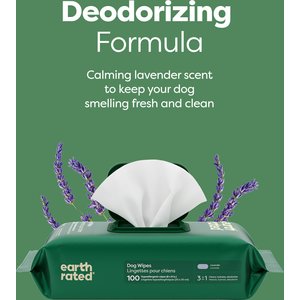 Earth Rated Thick Hypoallergenic 3-in-1 Dog Grooming Wipes, Lavender Scented, 100 count