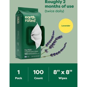 Earth Rated Thick Hypoallergenic 3-in-1 Dog Grooming Wipes, Lavender Scented, 100 count