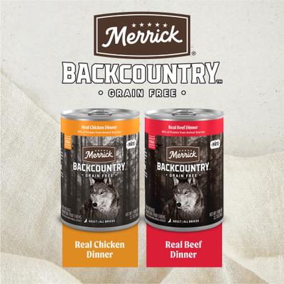 Show full view: Merrick Backcountry Grain-Free Real Beef & Chicken Dinner Variety Pack Wet Dog Food, 12.7-oz can, case of 12 slide 6 of 12