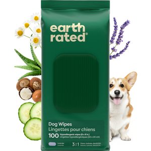 Earth Rated Thick Hypoallergenic 3-in-1 Dog Grooming Wipes, Lavender Scented, 100 count