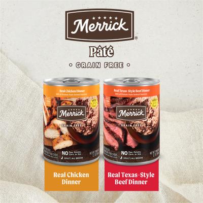 Show full view: Merrick Grain-Free Real Texas Beef & Chicken Dinner Variety Pack Wet Dog Food, 12.7-oz can, case of 12 slide 6 of 12