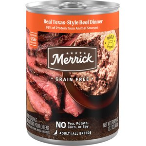 Merrick Grain-Free Real Texas Beef Dinner Canned Dog Food, 12.7-oz can, case of 12