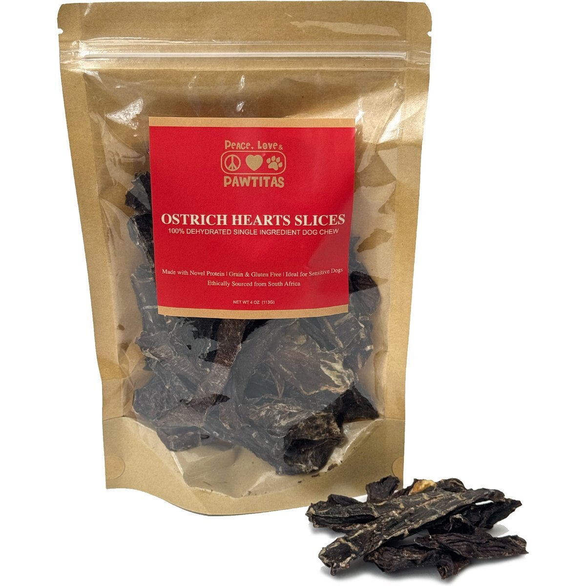 Pawtitas Dehydrated Ostrich Heart High-Protein Jerky Dog Treats, 4-oz