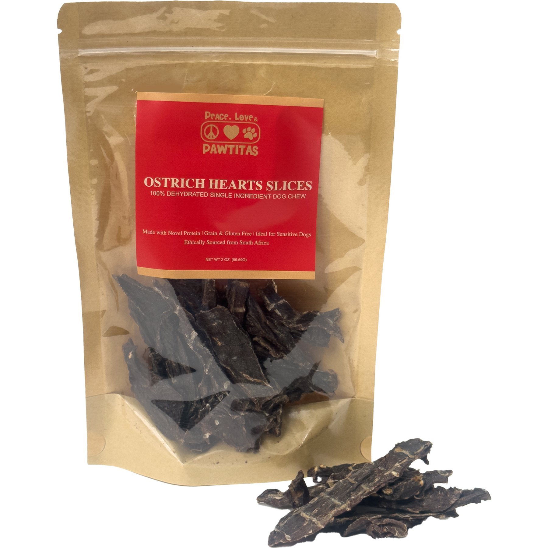 Pawtitas Dehydrated Ostrich Heart High-Protein Jerky Dog Treats, 2-oz
