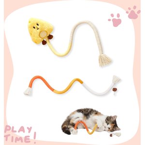 Happy & Polly Interactive Chew & Scratch Teaser Plush Cat Toy with Sisal Rope, 2 count, Yellow/Cheese