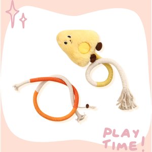 Happy & Polly Interactive Chew & Scratch Teaser Plush Cat Toy with Sisal Rope, 2 count, Yellow/Cheese