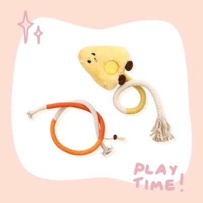 Show full view: Happy & Polly Interactive Chew & Scratch Teaser Plush Cat Toy with Sisal Rope, 2 count, Yellow/Cheese slide 3 of 6
