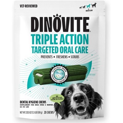 Dinovite Dinovite Triple Action Oral Care Medium Dog Dental Chew Treats, 20 count