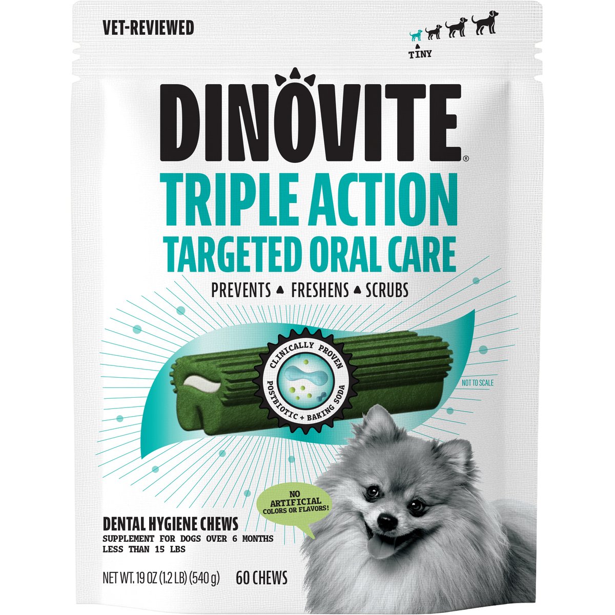 Dinovite Triple Action Oral Care Tiny Dog Dental Chew Treats, 60 count