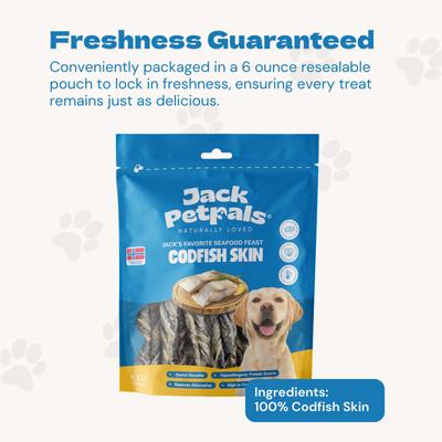 Show full view: Jack PetPals Jack’s Favorite GrainFree Seafood Feast Codfish Skin Dehydrated Dog Treats, 6-oz slide 8 of 10