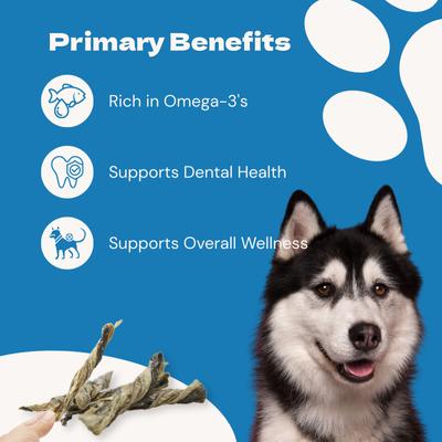 Show full view: Jack PetPals Jack’s Favorite GrainFree Seafood Feast Codfish Skin Dehydrated Dog Treats, 6-oz slide 5 of 10