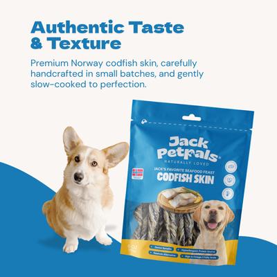 Show full view: Jack PetPals Jack’s Favorite GrainFree Seafood Feast Codfish Skin Dehydrated Dog Treats, 6-oz slide 4 of 10