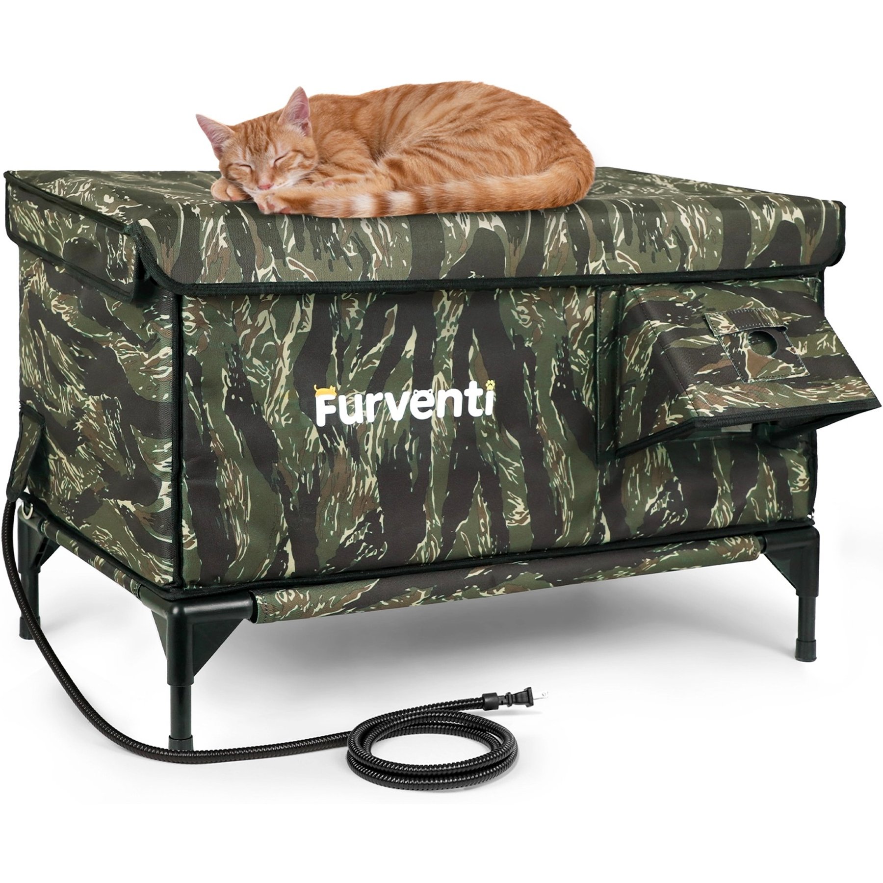 Furventi Flagship Eco-Friendly Waterproof Multi-Exit Polyester Outdoor Heated Cat House, Tiger Camouflage, Large