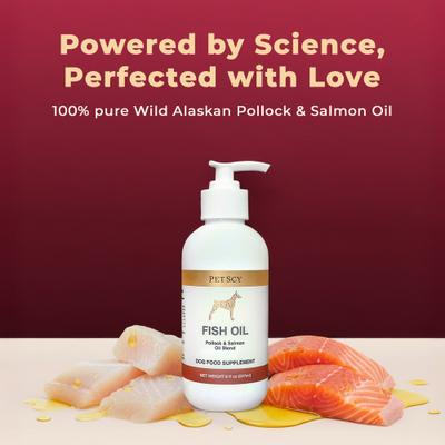 Show full view: PetScy Fish Oil Salmon Flavored & Pollock Blend Liquid Skin & Coat Supplement for Dogs, 8-fl oz bottle slide 3 of 5