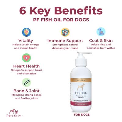 Show full view: PetScy Fish Oil Salmon Flavored & Pollock Blend Liquid Skin & Coat Supplement for Dogs, 8-fl oz bottle slide 5 of 5