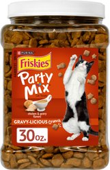 Friskies Party Mix Gravy-licious Crunch Chicken & Gravy Flavors Crunchy Cat Treats, 30-oz canister