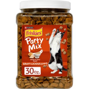 Friskies Party Mix Gravy-licious Crunch Chicken & Gravy Flavors Crunchy Cat Treats, 30-oz canister