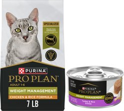 Purina Pro Plan Adult Weight Management Chicken & Rice Formula Dry Food + Focus Adult Weight Management Ground Turkey & Rice Entree Canned Cat Food