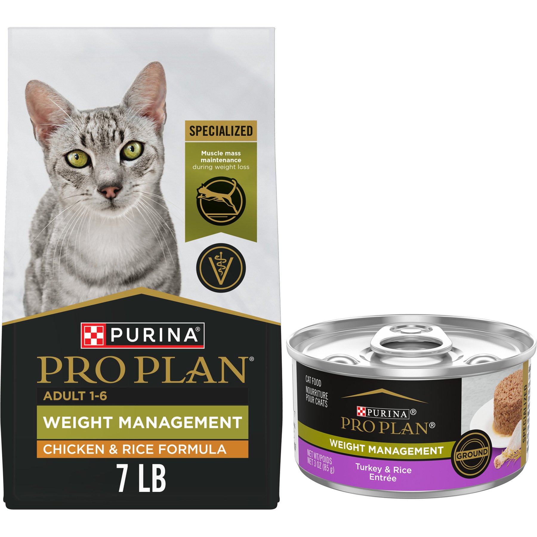 Purina Pro Plan Adult Weight Management Chicken & Rice Formula Dry Food + Focus Adult Weight Management Ground Turkey & Rice Entree Canned Cat Food