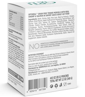 Show full view: Optimeal Grain-Free Tender Morsels with Real Shrimp & Salmon In Savory Sauce Recipe Wet Cat Food, 3-oz pouch, case of 24 slide 3 of 8