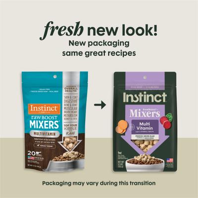 Show full view: Instinct Boost Mixers Multivitamin Grain-Free Freeze-Dried Raw Adult Dog Food Topper, 5.5-oz bag slide 3 of 9