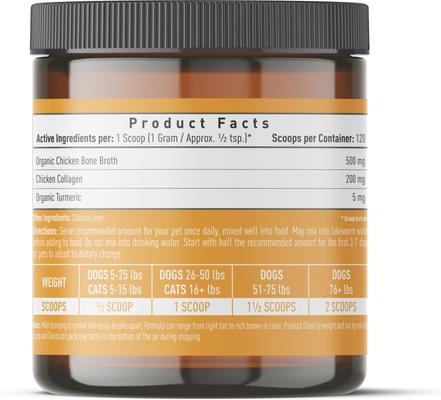 Show full view: Strawfield Pets Super Bone Broth + Chicken Flavored Collagen & Chicken Liver Powder Joint Supplement for Dogs & Cats, 4.23-oz jar slide 10 of 10