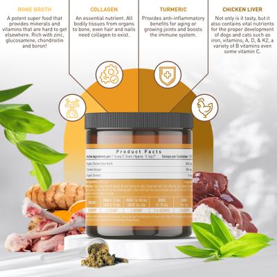 Show full view: Strawfield Pets Super Bone Broth + Chicken Flavored Collagen & Chicken Liver Powder Joint Supplement for Dogs & Cats, 4.23-oz jar slide 3 of 10