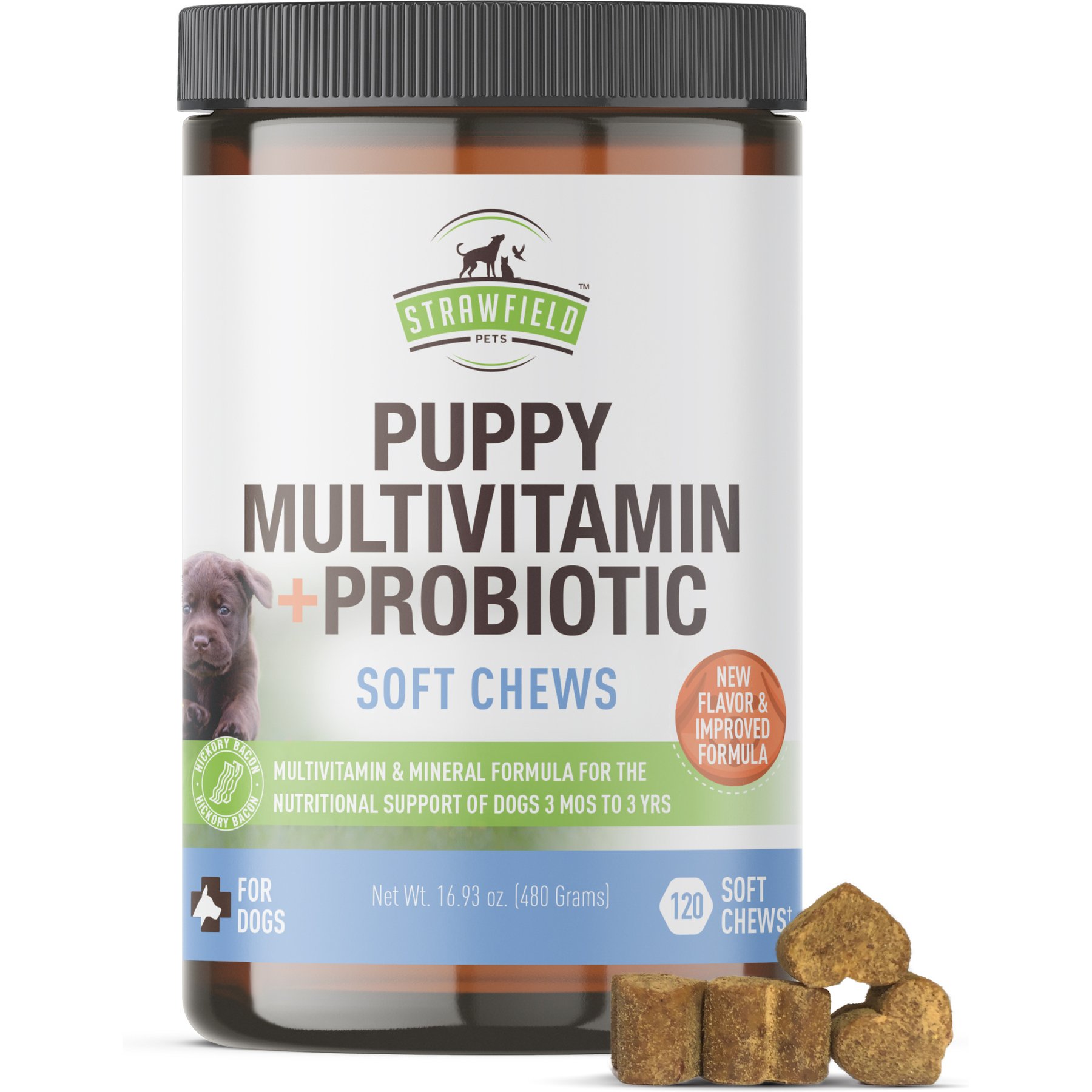 Strawfield Pets Hickory Bacon Flavored Soft Chew Multivitamin + Probiotic for Puppy & Dogs, 120 count