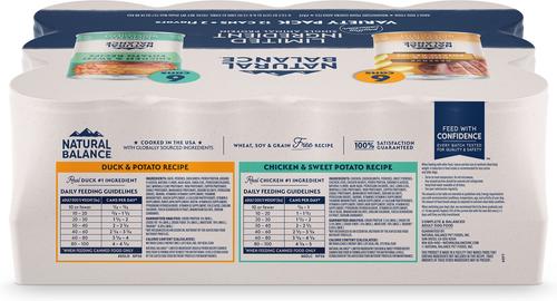 Show full view: Natural Balance Limited Ingredient Poultry Variety Pack Reserve Duck & Potato & Chicken & Sweet Potato Wet Dog Food, 13-oz can, case of 12 slide 4 of 10