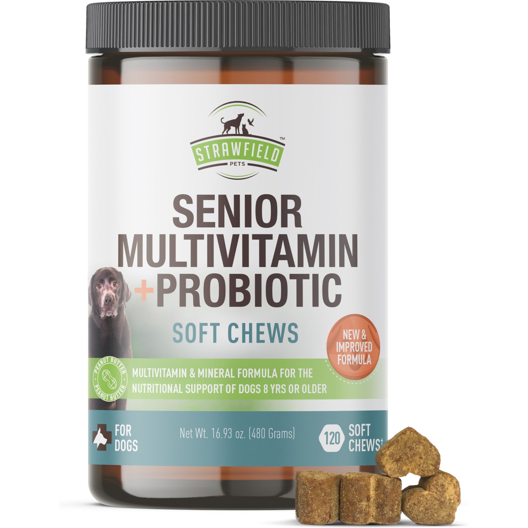 Strawfield Pets Peanut Butter Flavored Soft Chew Multivitamin + Probiotic for Senior Dogs, 120 count