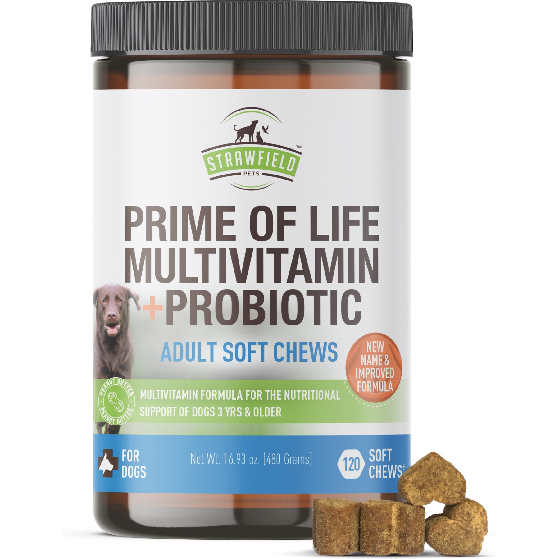Strawfield Pets Prime of Life Peanut Butter Flavored Soft Chew Multivitamin + Probiotic for Dogs, 120 count