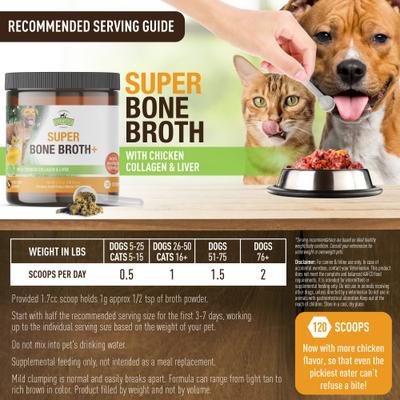 Show full view: Strawfield Pets Super Bone Broth + Chicken Flavored Collagen & Chicken Liver Powder Joint Supplement for Dogs & Cats, 4.23-oz jar slide 4 of 10