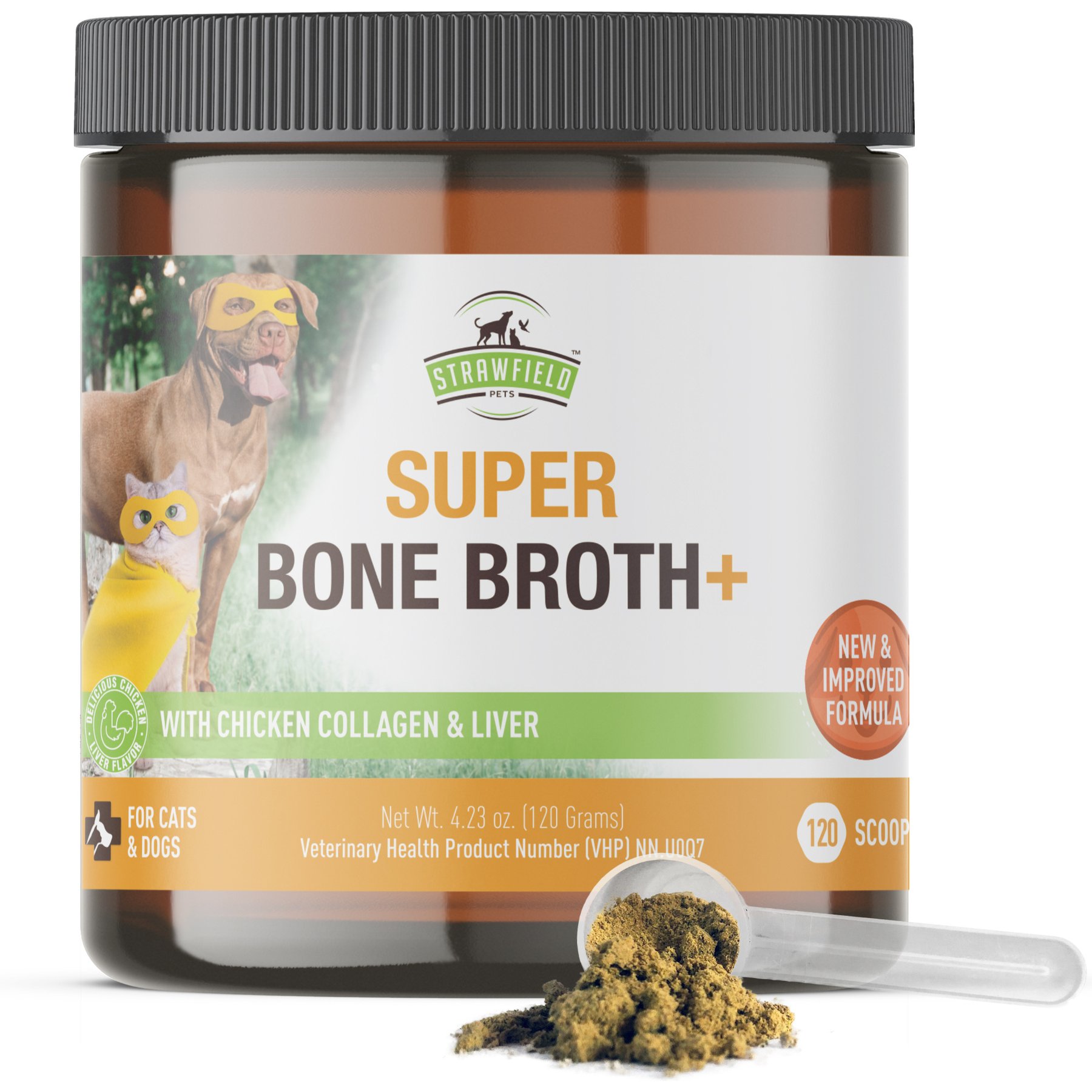 Strawfield Pets Super Bone Broth + Chicken Flavored Collagen & Chicken Liver Powder Joint Supplement for Dogs & Cats, 4.23-oz jar