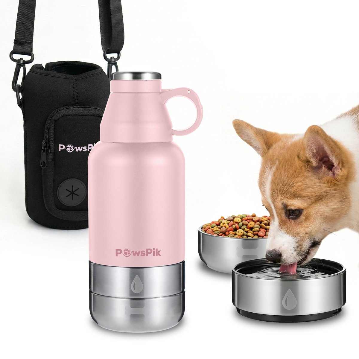 PawsPik Travel 3-in-1 Dog Water Bottle & Bowl Set, Pink