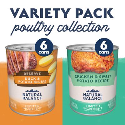 Show full view: Natural Balance Limited Ingredient Poultry Variety Pack Reserve Duck & Potato & Chicken & Sweet Potato Wet Dog Food, 13-oz can, case of 12 slide 3 of 10