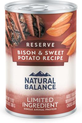 Show full view: Natural Balance Limited Ingredient Reserve Bison & Sweet Potato Recipe Wet Dog Food, 13-oz can, case of 12 slide 3 of 11