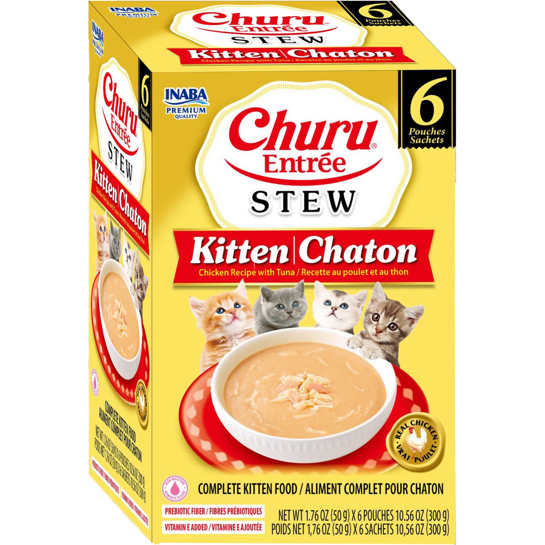 Inaba Churu Entrée Kitten Chicken Recipe with Tuna Grain-Free, High Moisture, Prebiotic Stew Wet Cat Food, 1.76-oz pouch, 6 count